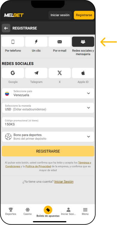 Registro en MelBet a través de redes sociales y Messenger - App Melbet Venezuela